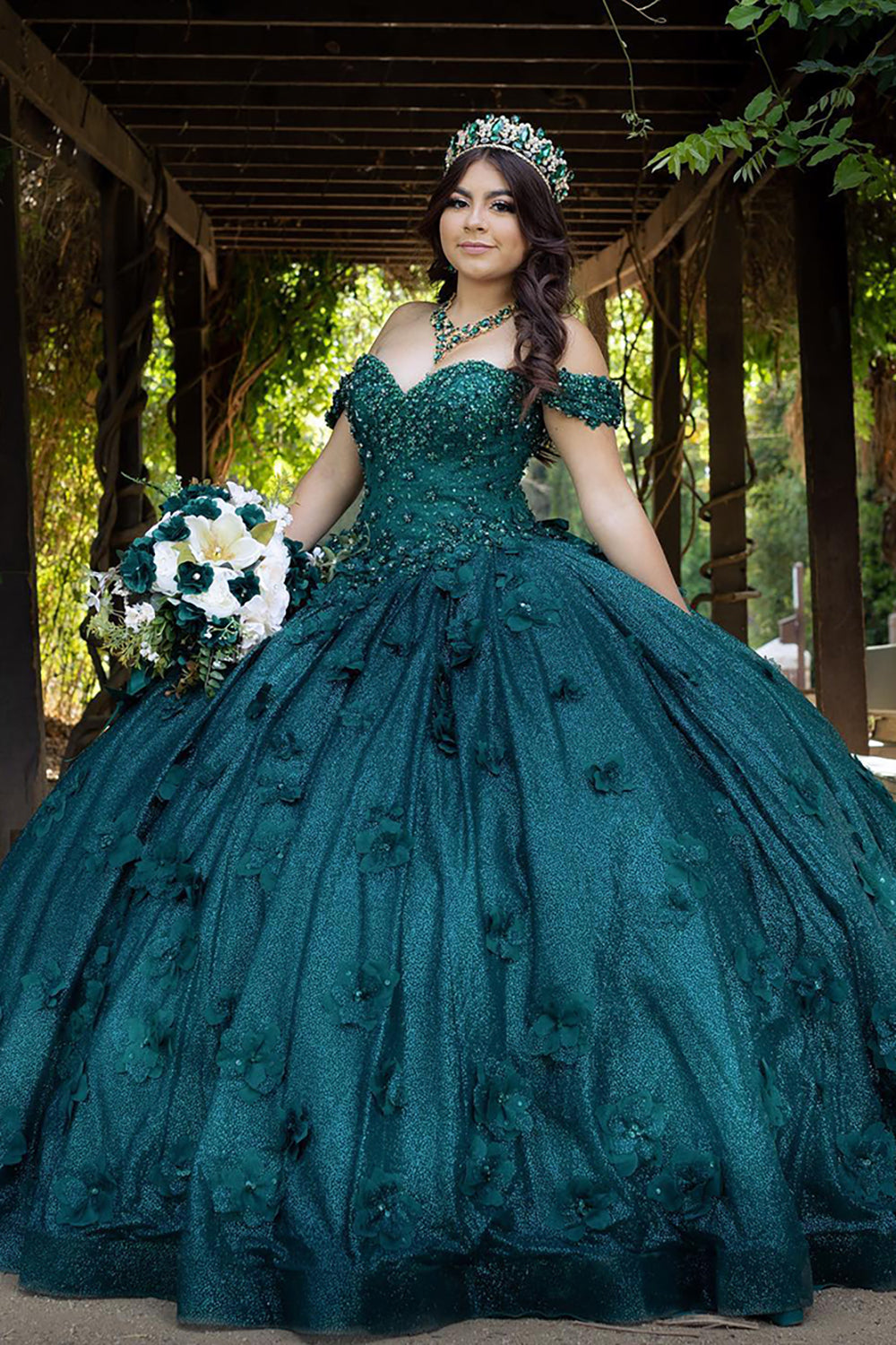 Sparkly Dark Green Off the Shoulder Ball Gown Quinceanera Dress with Appliques