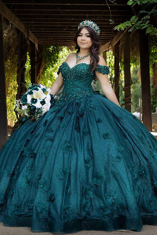 Sparkly Dark Green Off the Shoulder Ball Gown Quinceanera Dress with Appliques