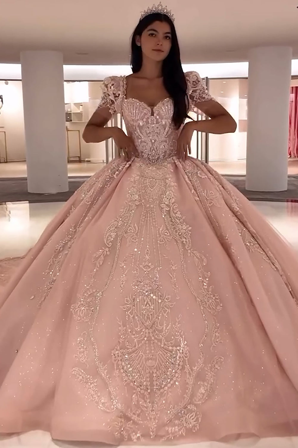 Sparkly Pink Square Neck Puff Sleeves Ball Gown Applique Quinceanera Dress with Train