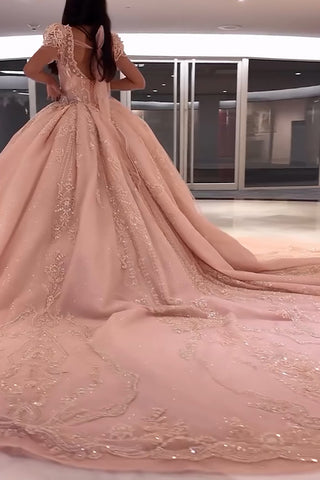 Sparkly Pink Square Neck Puff Sleeves Ball Gown Applique Quinceanera Dress with Train