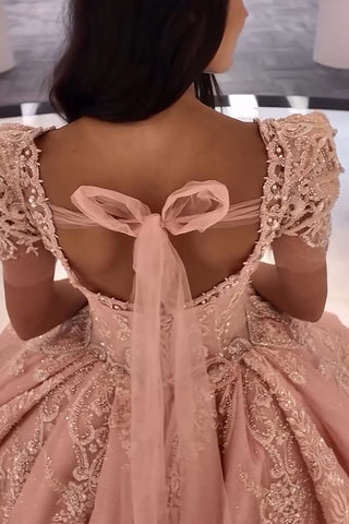 Sparkly Pink Square Neck Puff Sleeves Ball Gown Applique Quinceanera Dress with Train