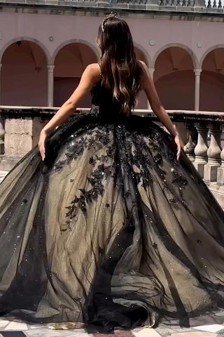 Sparkly Black Tulle Spaghetti Straps Quinceanera Dress with Appliques