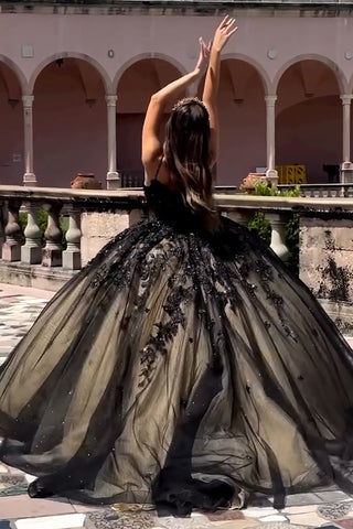 Sparkly Black Tulle Spaghetti Straps Quinceanera Dress with Appliques