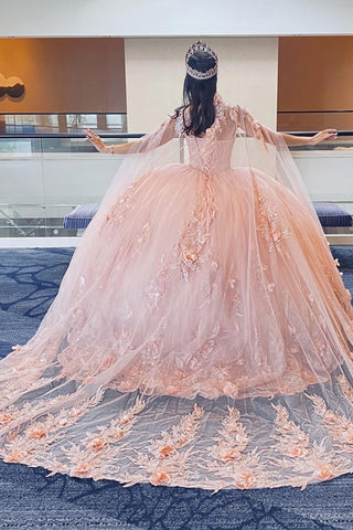 Pink Sweetheart Princess Tulle Applique Quinceanera Dress with Cape