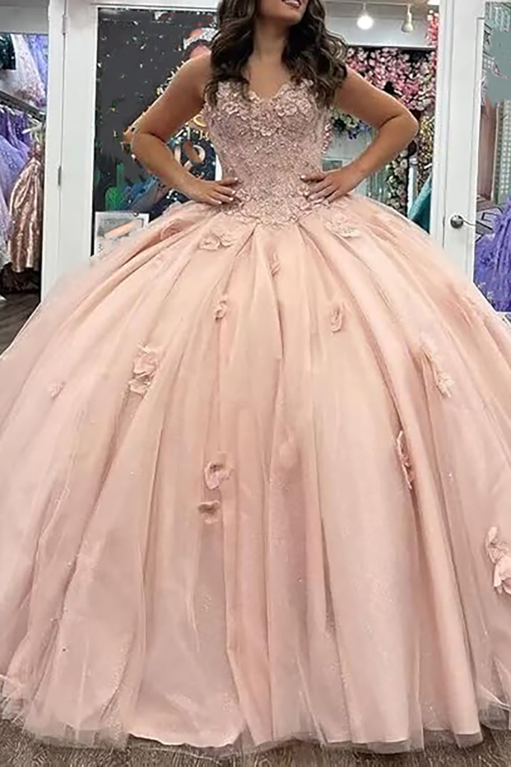 Pink Sweetheart Ball Gown Tulle Corset Applique Quinceanera Dress
