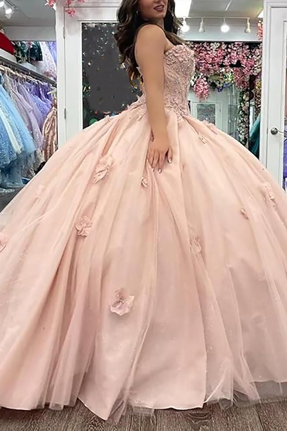Pink Sweetheart Ball Gown Tulle Corset Applique Quinceanera Dress