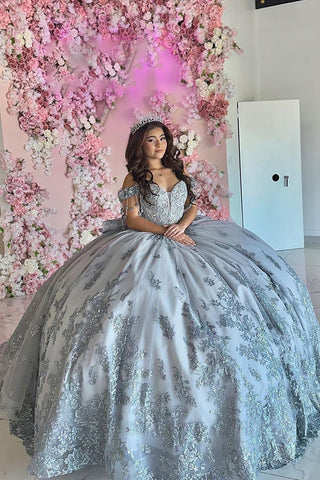 Silver Grey Off the Shoulder Princess Tulle Applique Quinceanera Dress with Beading