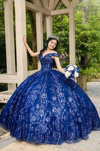 Sparkly Navy Ball Gown Off the Shoulder Sequins Applique Quinceanera Dress 