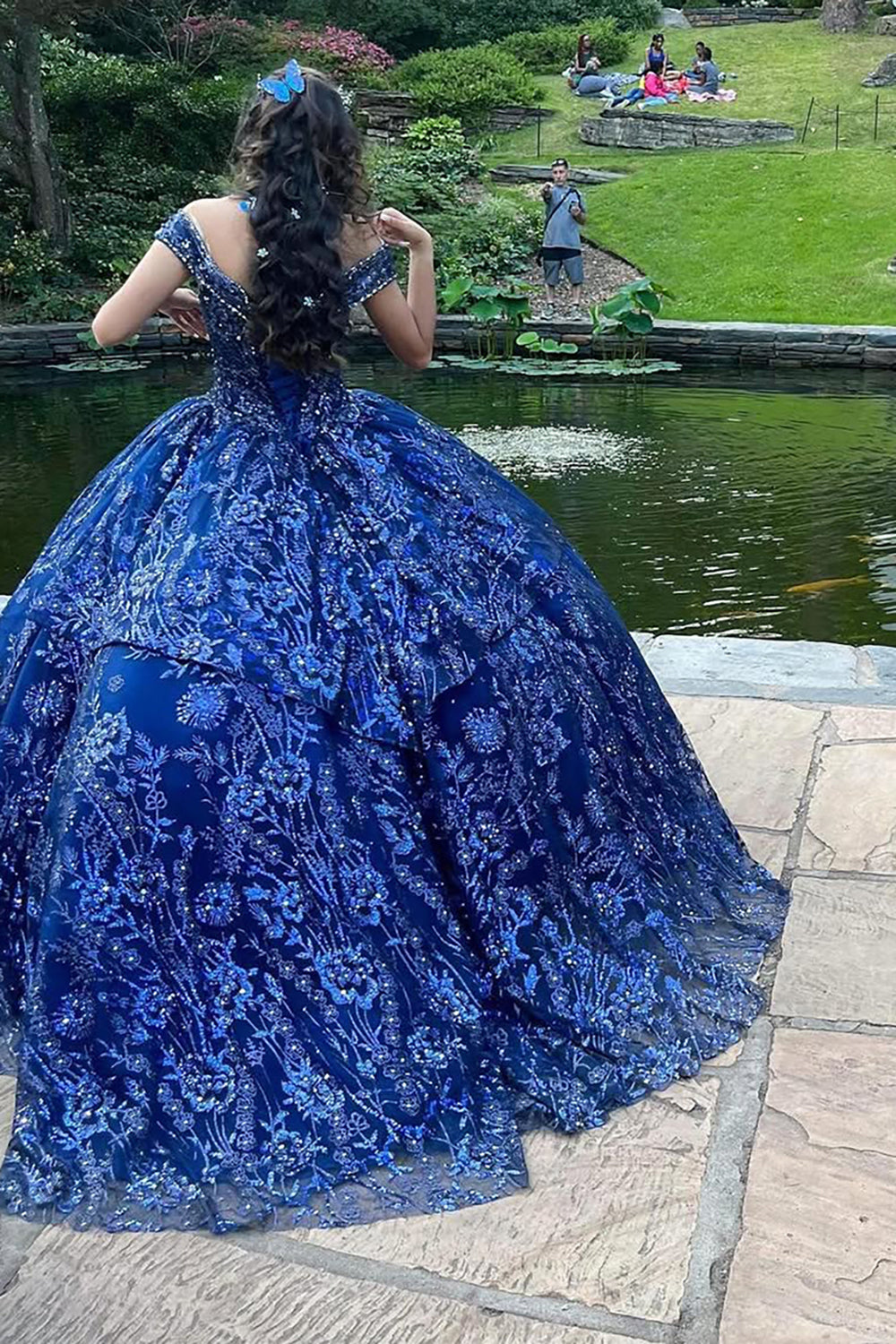 Sparkly Navy Ball Gown Off the Shoulder Sequins Applique Quinceanera Dress 