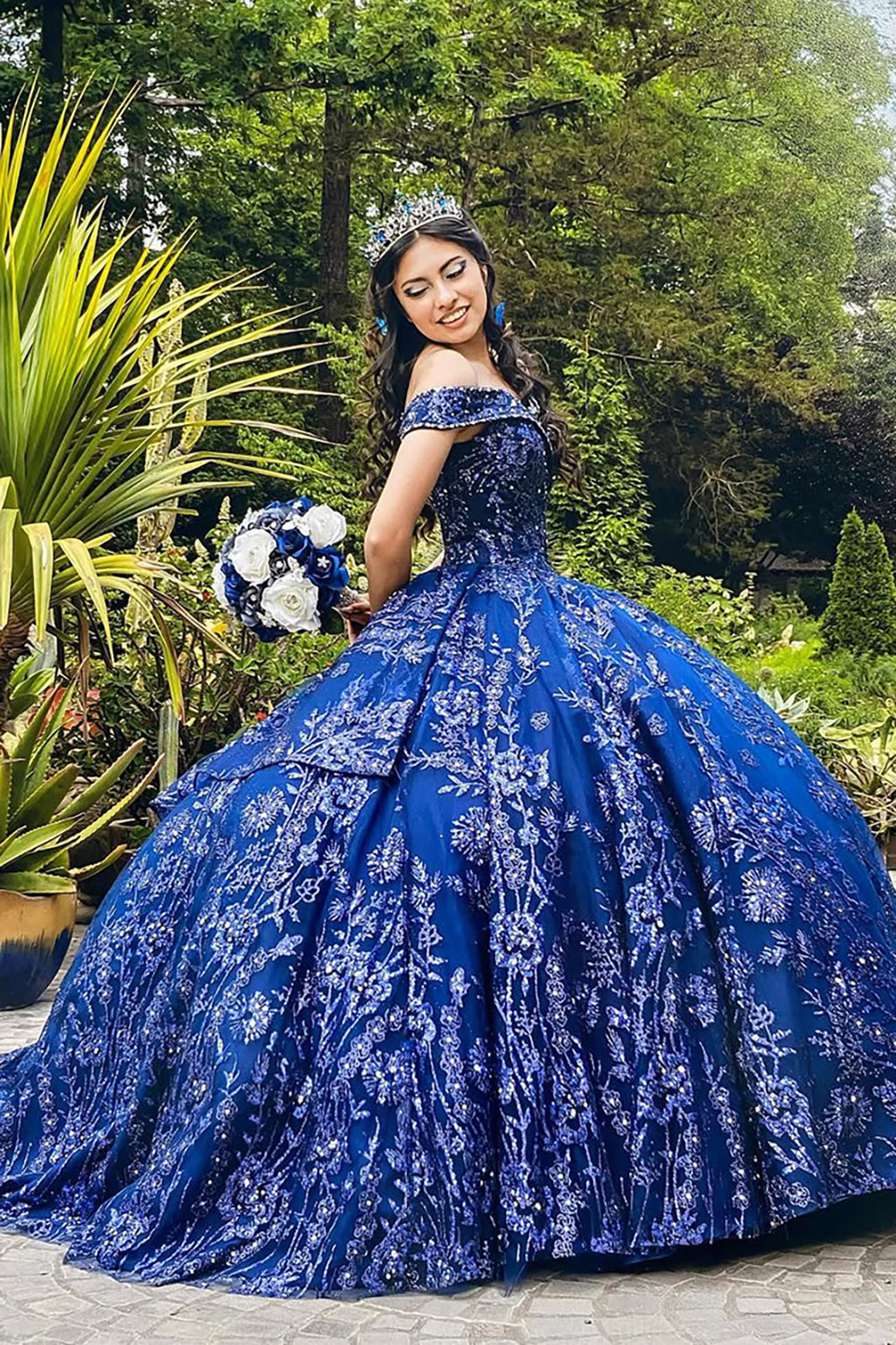 Sparkly Navy Ball Gown Off the Shoulder Sequins Applique Quinceanera Dress 