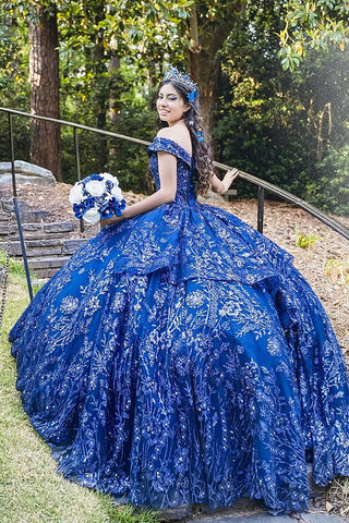 Sparkly Navy Ball Gown Off the Shoulder Sequins Applique Quinceanera Dress 