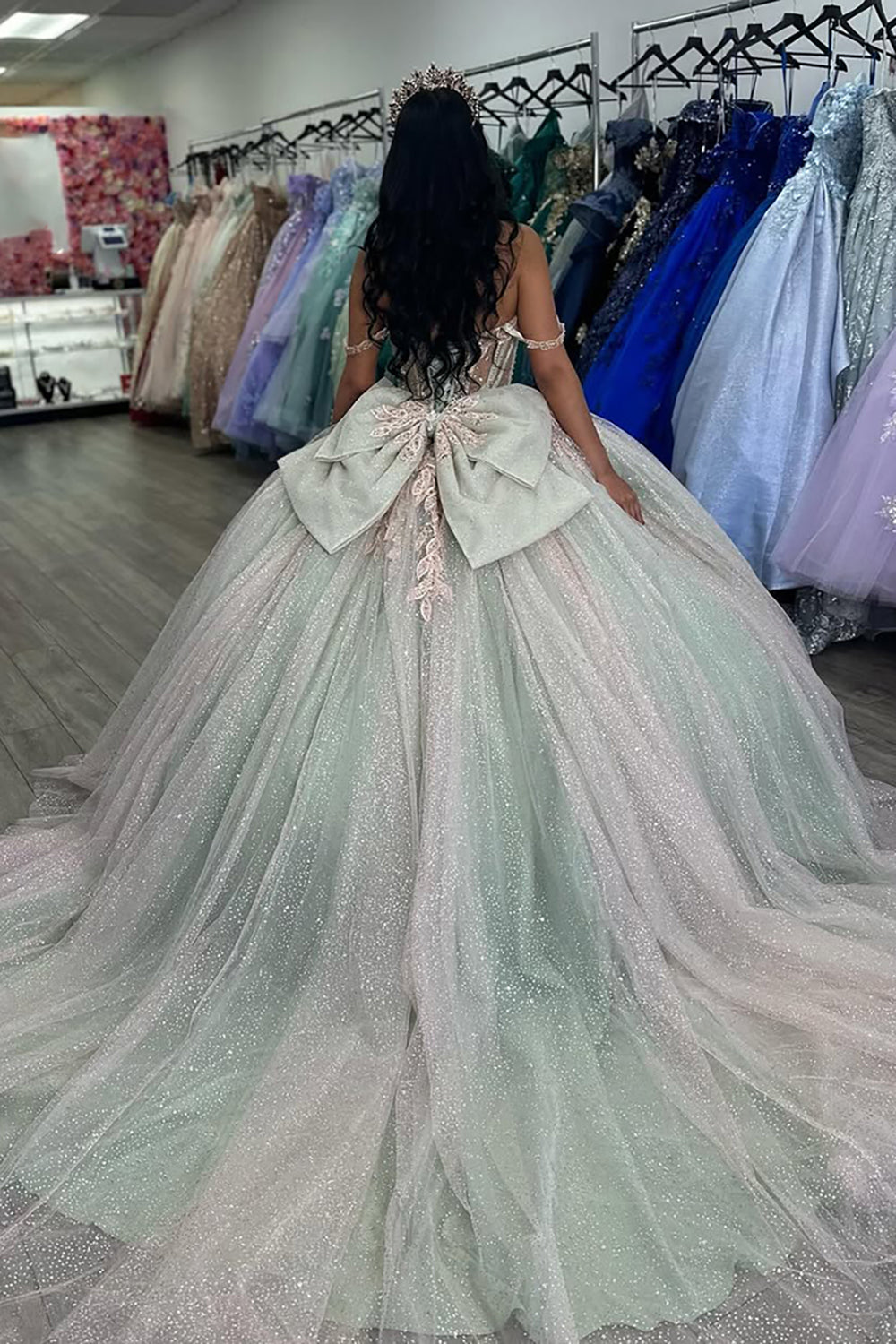 Sage Off the Shoulder Princess Tulle Applique Quinceanera Dress with Bow