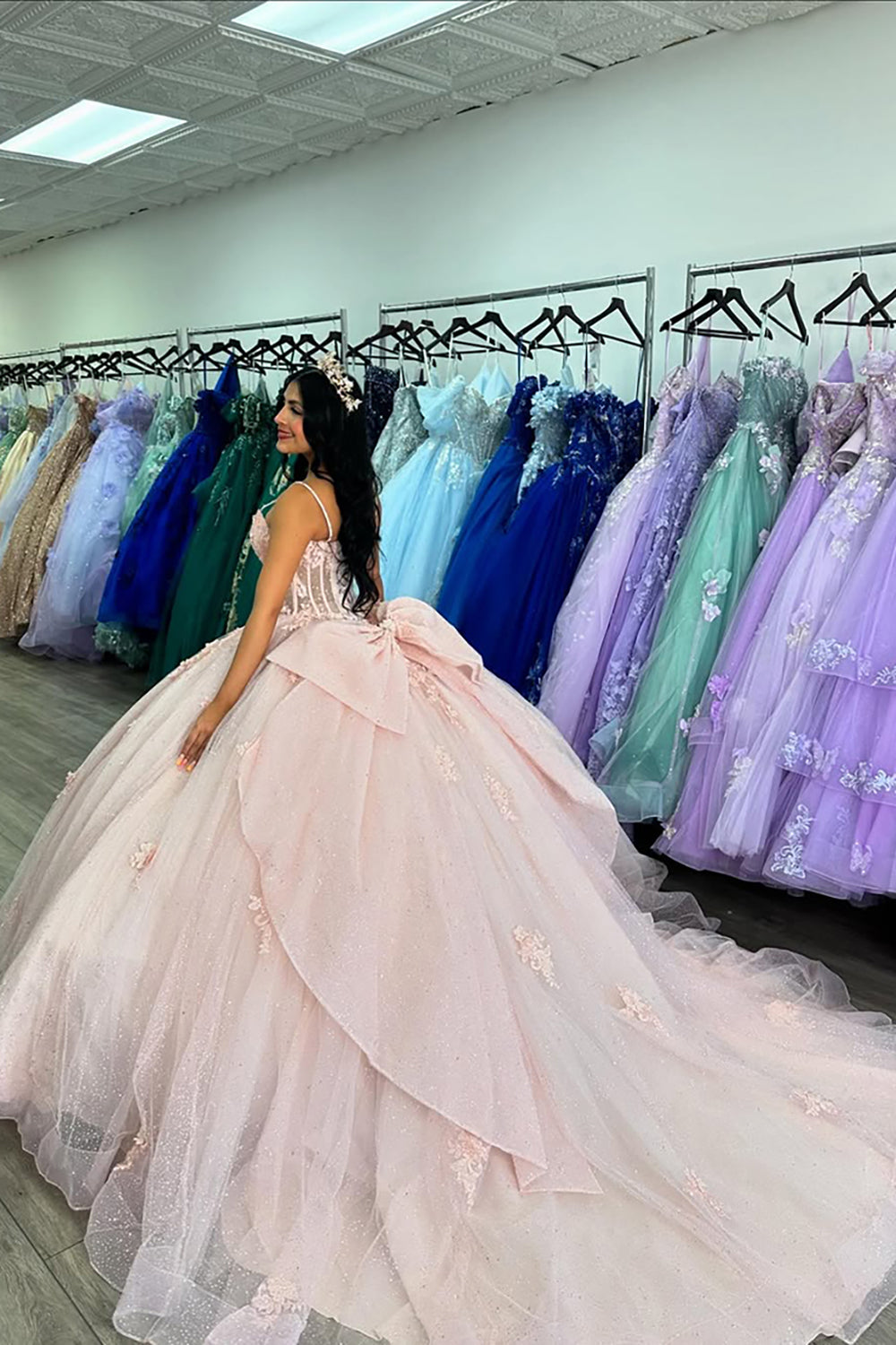 Pink Spaghetti Straps Princess Tulle Applique Quinceanera Dress with Bow