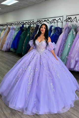 Lilac Sweetheart Princess Applique Quinceanera Dress with Puff Sleeves