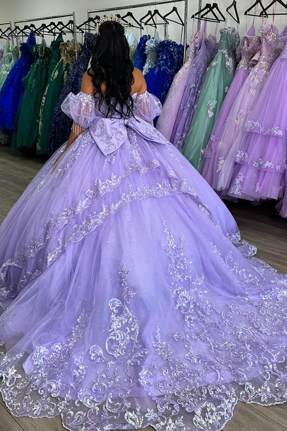 Lilac Sweetheart Princess Applique Quinceanera Dress with Puff Sleeves