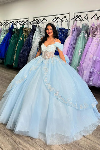 Sky Blue Ball Gown Off the Shoulder Tulle Quinceanera Dress with Beading