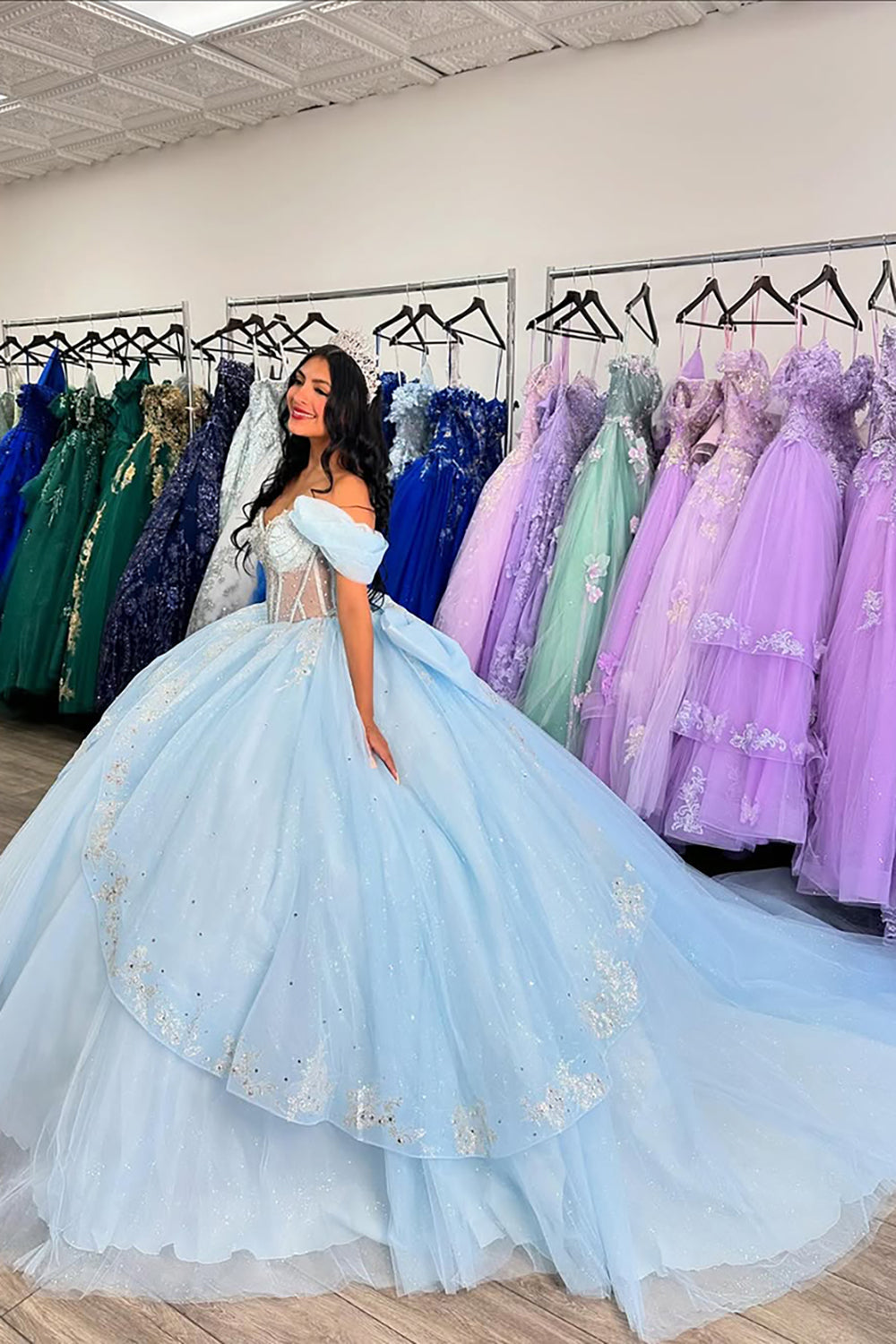 Sky Blue Ball Gown Off the Shoulder Tulle Quinceanera Dress with Beading