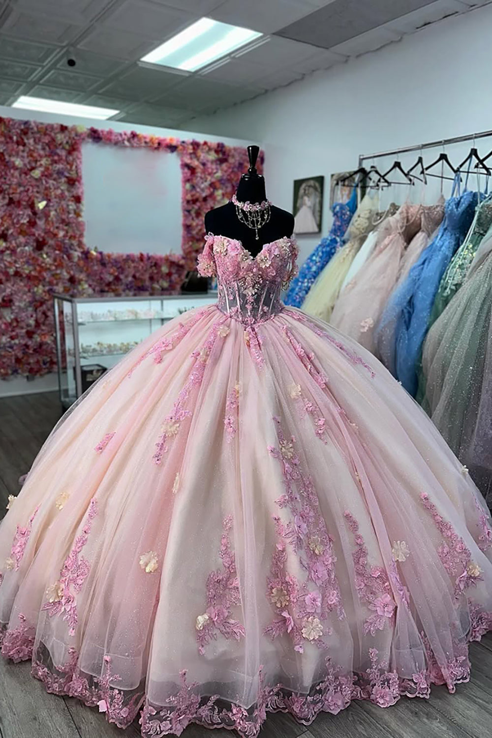 Pink Ball Gown Off the Shoulder Tulle Applique Corset Quinceanera Dress