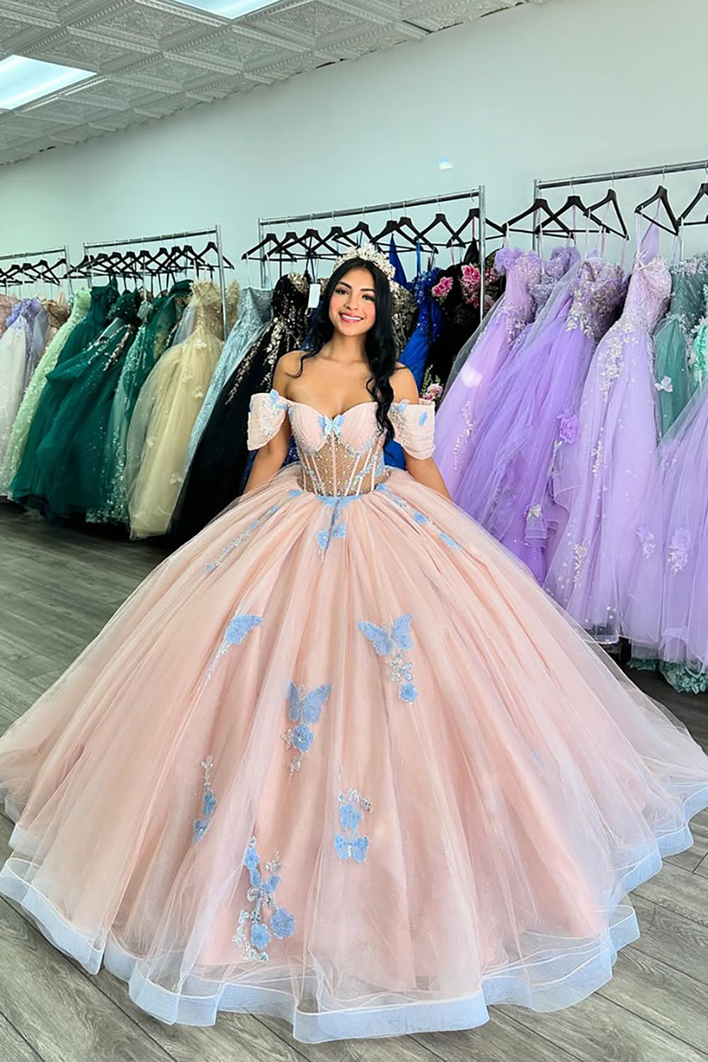 Pink Blue Off the Shoulder Princess Tulle Corset Quinceanera Dress with Appliques