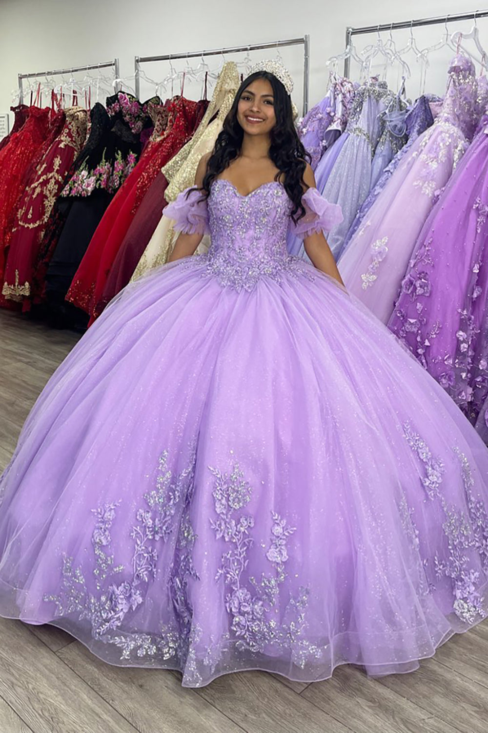 Lilac Sweetheart Ball Gown Tulle Applique Quinceanera Dress with Puff Sleeves