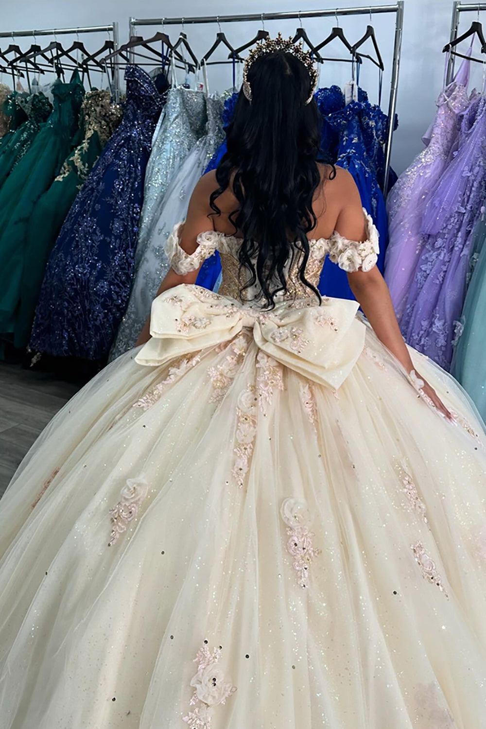 Sparkly Beige Off the Shoulder Ball Gown Applique Corset Quinceanera Dress with Bow