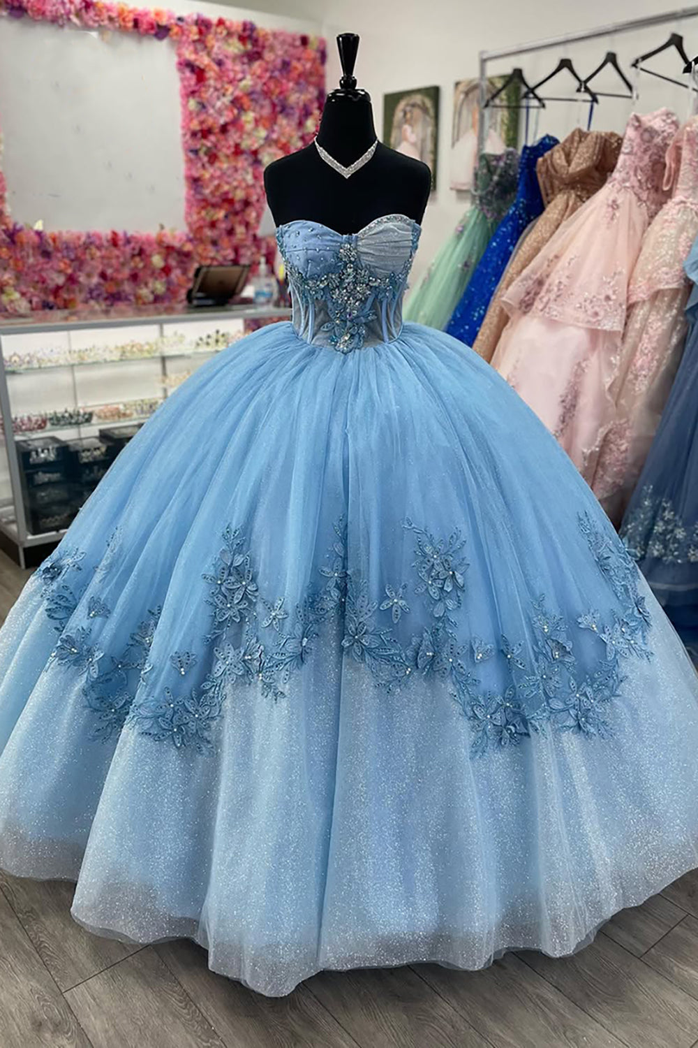Blue Sweetheart Tulle Ball Gown Appliqued Quinceanera Dress with Sequin