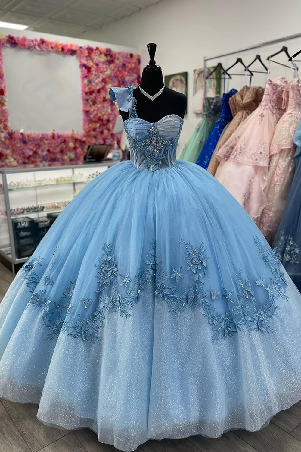 Blue Sweetheart Tulle Ball Gown Appliqued Quinceanera Dress with Sequin