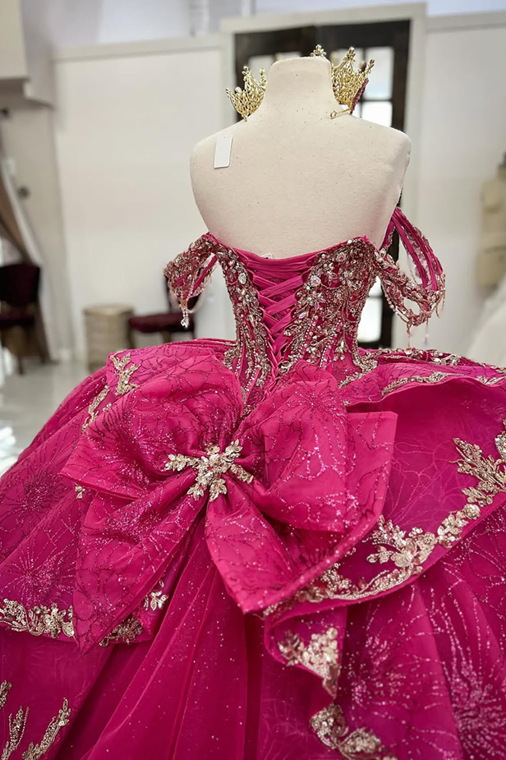 Fuchsia Off the Shoulder Princess Appliqued Quinceanera Dress with Train