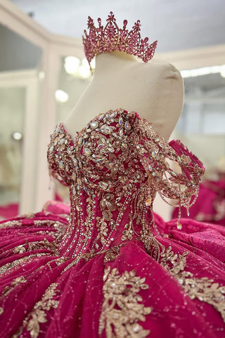 Fuchsia Off the Shoulder Princess Appliqued Quinceanera Dress with Train