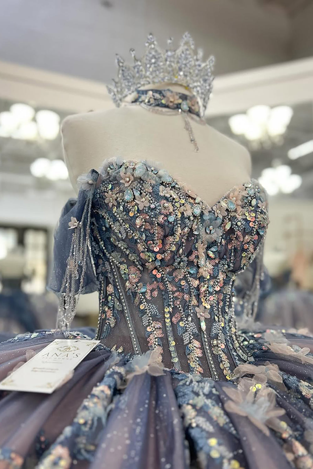 Sparkly Grey Blue+Purple Off the Shoulder Ball Gown Appliqued Quinceanera Dress with Train