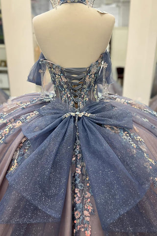 Sparkly Grey Blue+Purple Off the Shoulder Ball Gown Appliqued Quinceanera Dress with Train