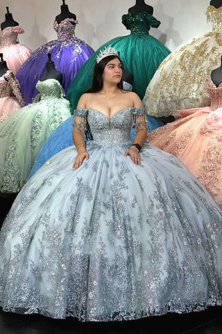 Sparkly Silver Ball Gown Off the Shoulder Sequins Applique Quinceanera Dress with Fringe