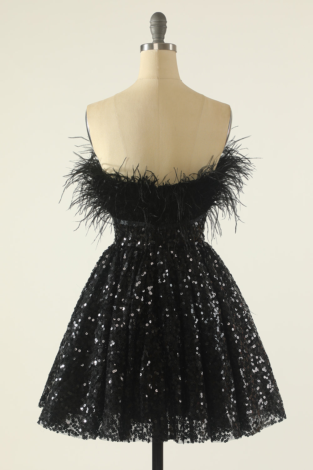 Black Strapless Cocktail Dress with Feathers