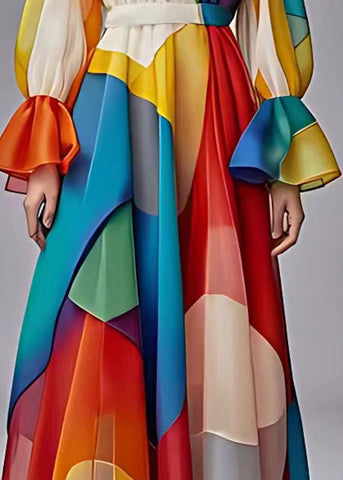 Elegantes, blaues, schmeichelndes Chiffon-Maxikleid mit Rundhalsausschnitt und langen Ärmeln
