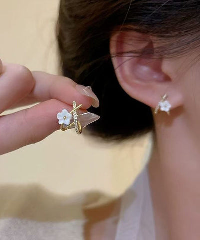 Cute White Copper Ovegild Zircon Cross Floral Stud Earrings