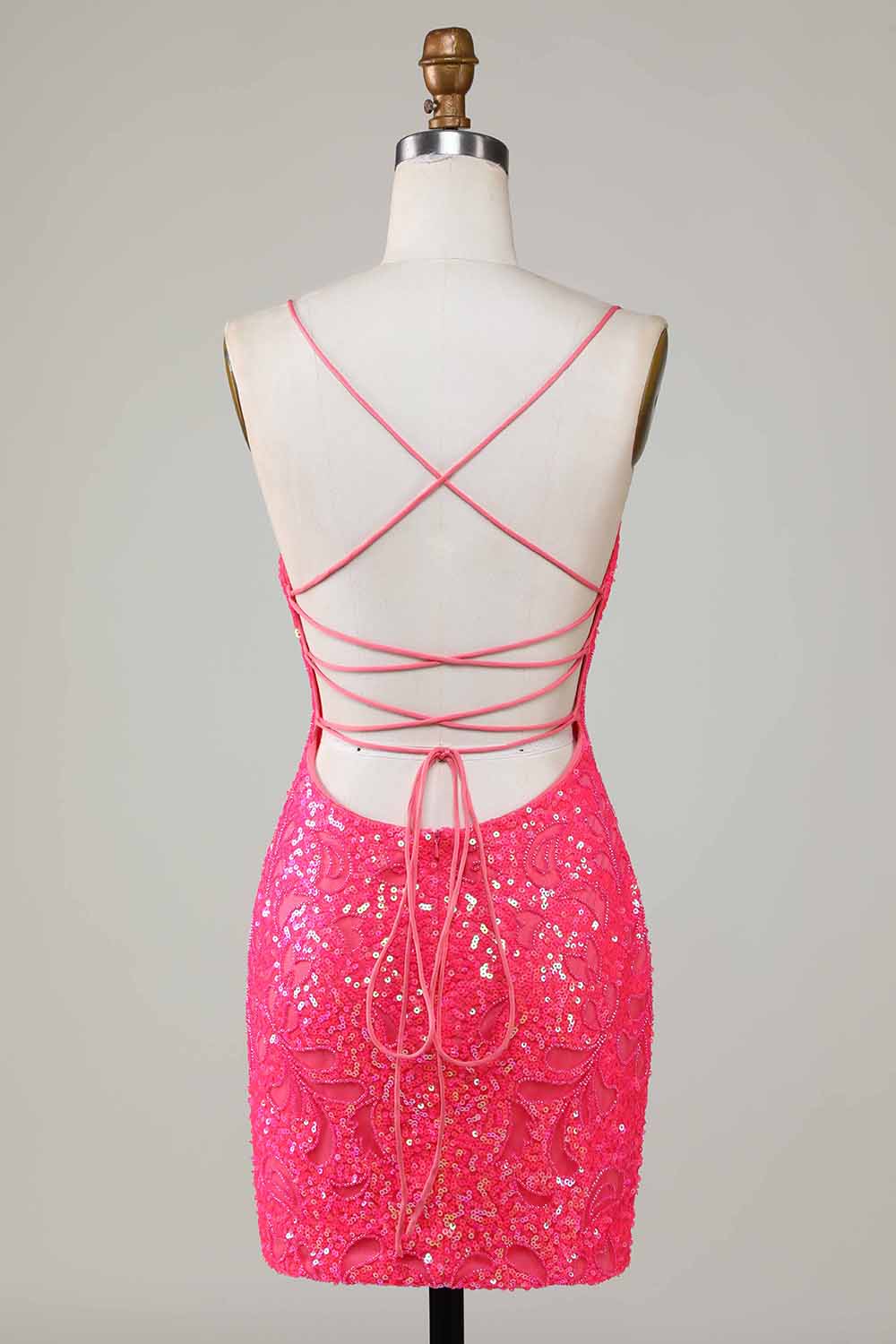 Bodycon Spaghetti Straps Pink Sequins Short Homecoming Dress with Criss Cross Back