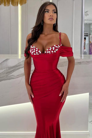 Rotes Meerjungfrau Abendkleid Off-the-Shoulder Lang mit Kristallen