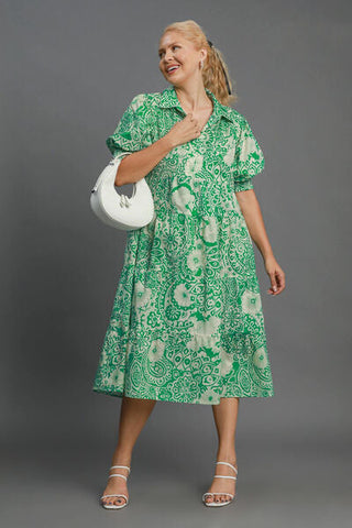 Full Size Cuff Puff Sleeve Midi Resort Dress