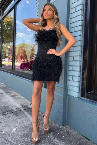 Sheath Strapless Red Short Homecoming Dress with Feather