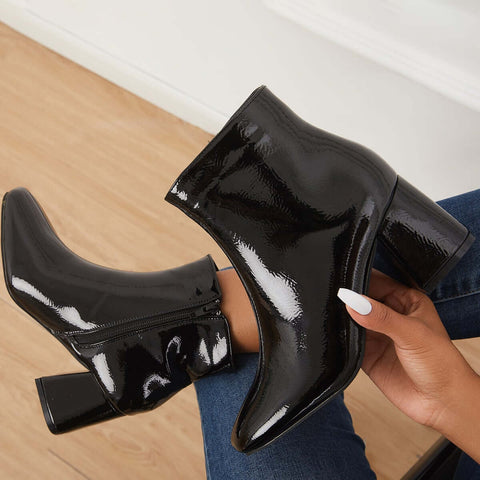 Patent Leather Block Heel Ankle Booties Square Toe Side Zipper Boots