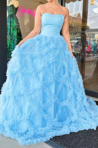Elegant A Line Strapless Blue Long Prom Dress with Ruffles