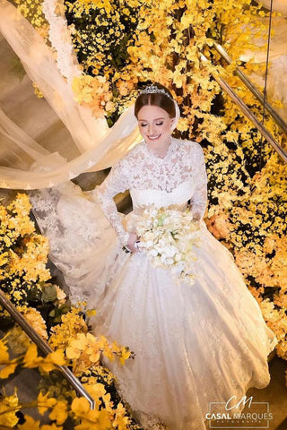 Fabulous A-Line Floor-Length High Neck Long Sleeves Lace Wedding Dresses