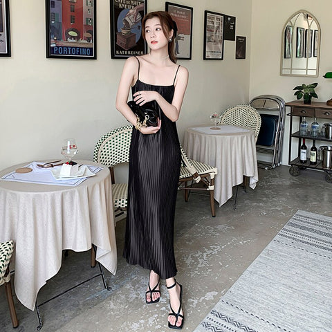 Spaghetti Strap Pleated Satin Dress Loose Casual Sexy Korean Party Dress Long Midi Dress Straight Slash Neck Summer Dress