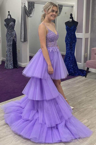 High-Low Lace V-Neck Tiered Prom Dress