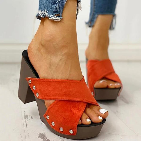 Rivet Criss Cross Chunky Block Heels Platform Slip-on Sandals