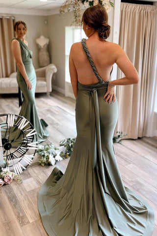 Mermaid Deep V Neck Light Green Long Bridesmaid Dress with Open Back