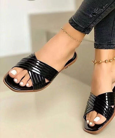 0508Chic Rose Gold Splicing Faux Leather Plus Size Slide Sandals