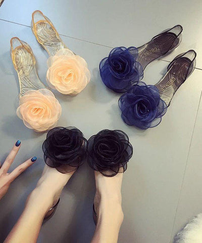 Bequeme schwarze klare flache Sandalen Peep Toe Splicing Floral