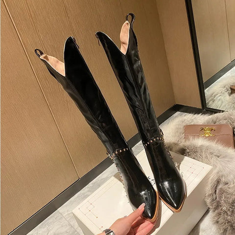 - White Pointed Toe Rivet Western Boots Pu Leather Side Zipper High Heels Knee High Boots Newest Fashion Autumn Winter Women Shoes