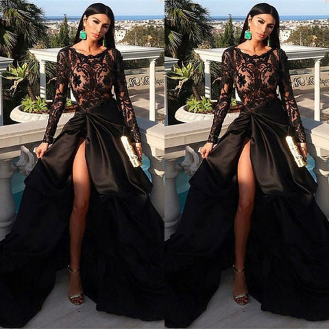 Long Sleeves Black Prom Dress Lace Long With Slit